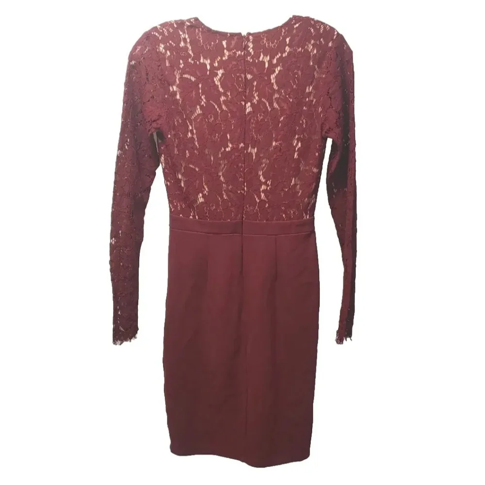 Lulus Mini Dress Sooner Or Later Burgundy Lace Long Sleeve Sexy Plunge Small